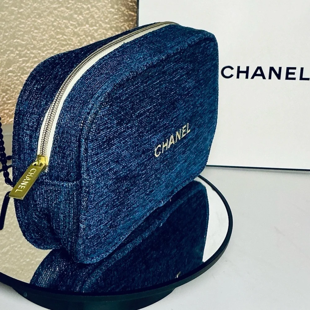 CHANEL Denim Blue Sparkle Pouch with Gold Accents